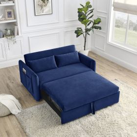 55" Modern Convertible Sofa Bed with 2 Detachable Arm Pockets; Velvet Loveseat Sofa with Pull Out Bed; 2 Pillows and Living Room Adjustable Backrest;