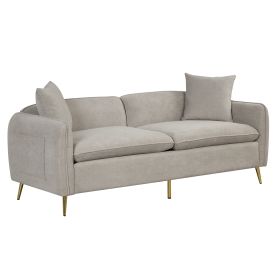 77.5" Velvet Upholstered Sofa with Armrest Pockets; 3-Seat Couch with 2 Pillows and Golden Metal Legs for Living Room; Apartment; Home Office; Gray