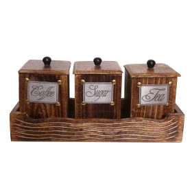 WILLART Handcrafted Wooden Antique Look Tea Coffee Sugar 3 Large Container Set in Wooden Tray â€šÃ„Ã¬ Container Canister